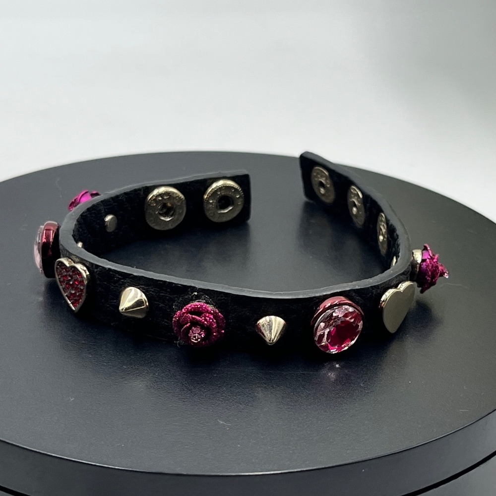 Betsey Johnson Pink Rhinestone Heart and Flower Black Leather Cone Snap Bracelet